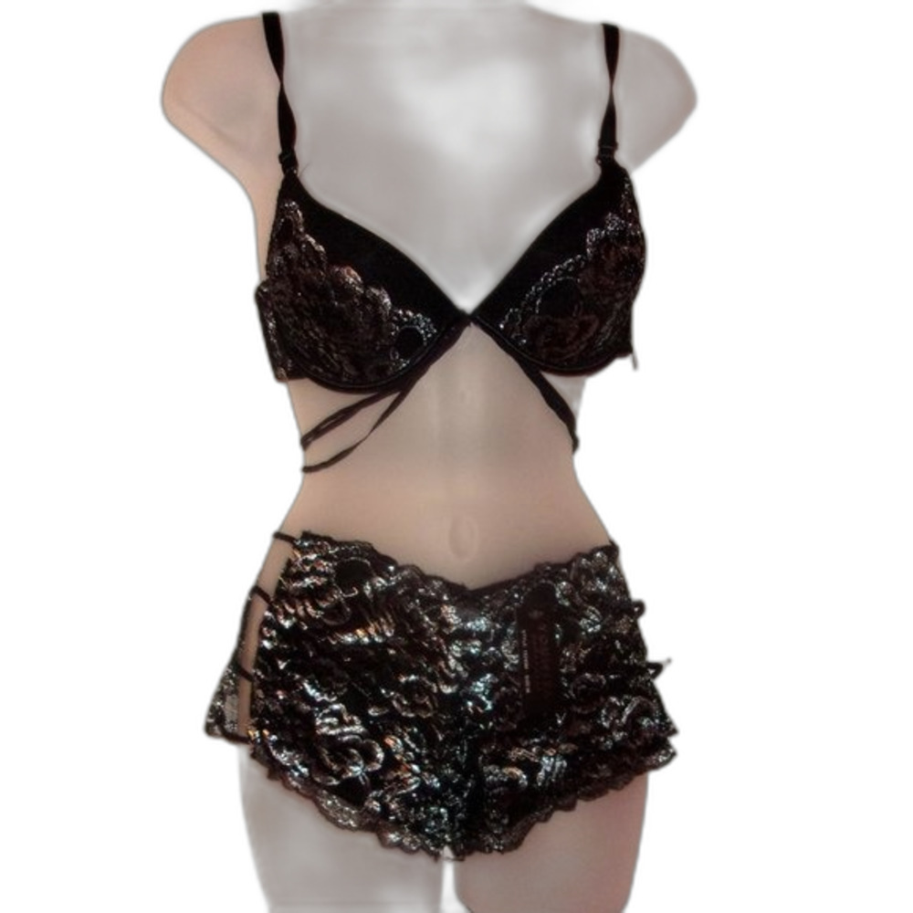 Youmita 36B Black Metallic Lace Bra & Large Caged Coordinating Boyshort